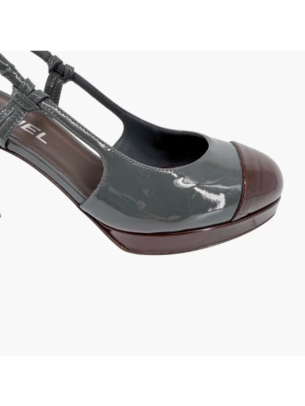 Chanel Gray Burgundy Patent Cap Toe Slingback Platform Pumps Size 37.5 US 6.5–7 - Picture 9 of 15
